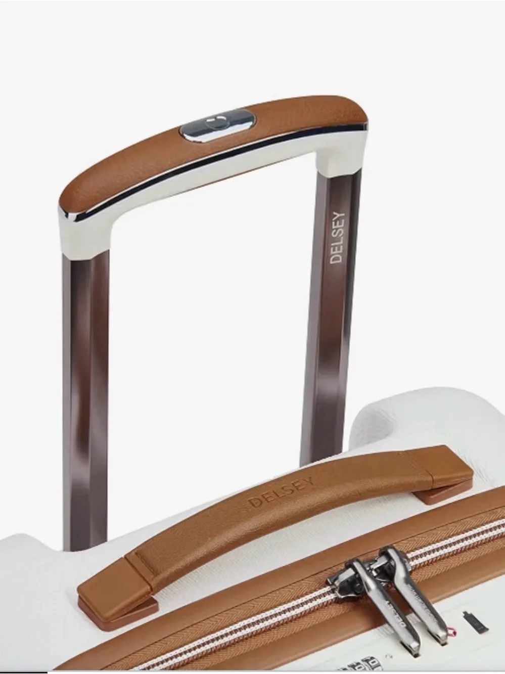 else White Hardside Spinner Luggage with Brown Trim